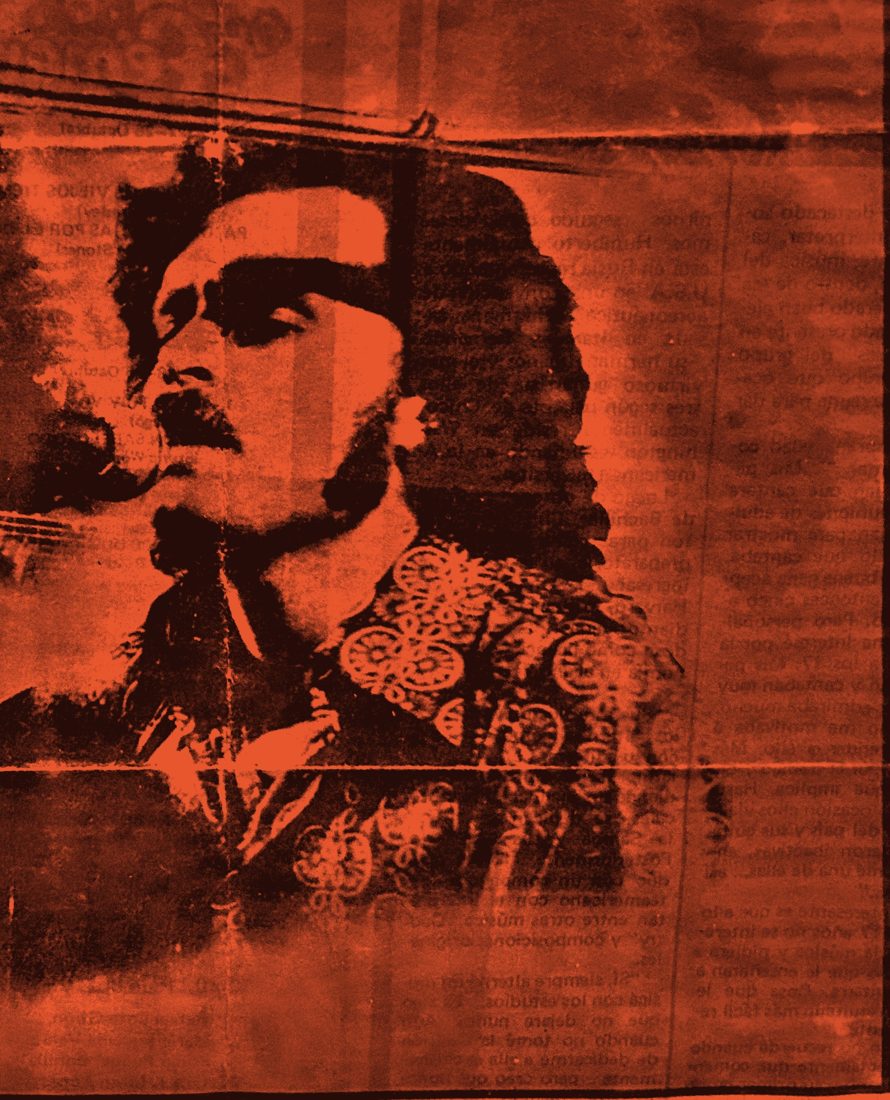 Choco singing on stage in the 1970s, printed in red newspaper tones